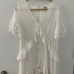 Sabo Skirt White Swiss Dot Ruffle V-Neck Dress